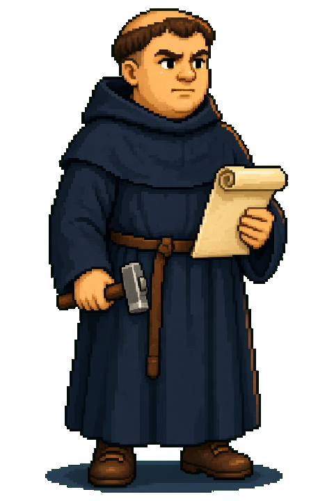 Martin Luther in a dark habit, with a hammer and a rolled sheet